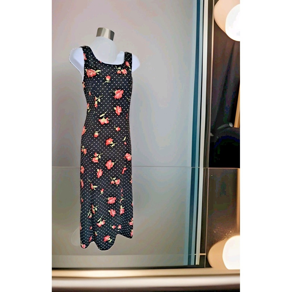 Kathie Lee Midi Dress 10 Pink Floral on Black Polka Dot Fairy Romantic Resort